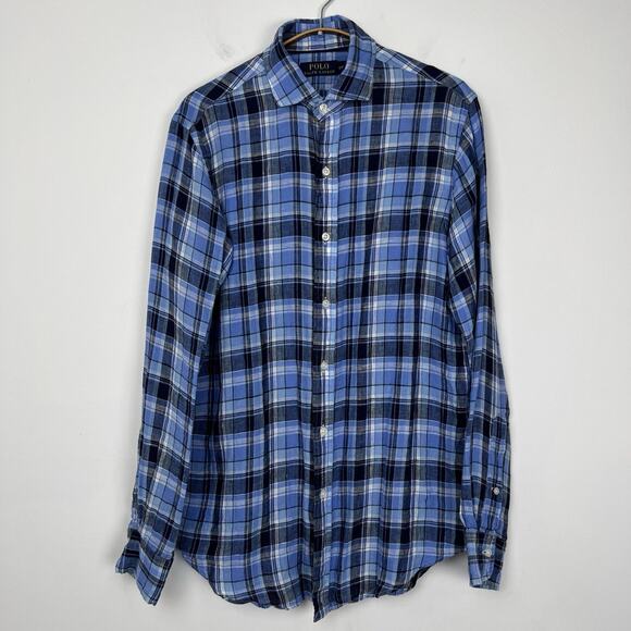 Polo Ralph Lauren Shirt Men’s Small 100% Linen Button Up Blue Plaid Long Sleeve - Picture 1 of 8